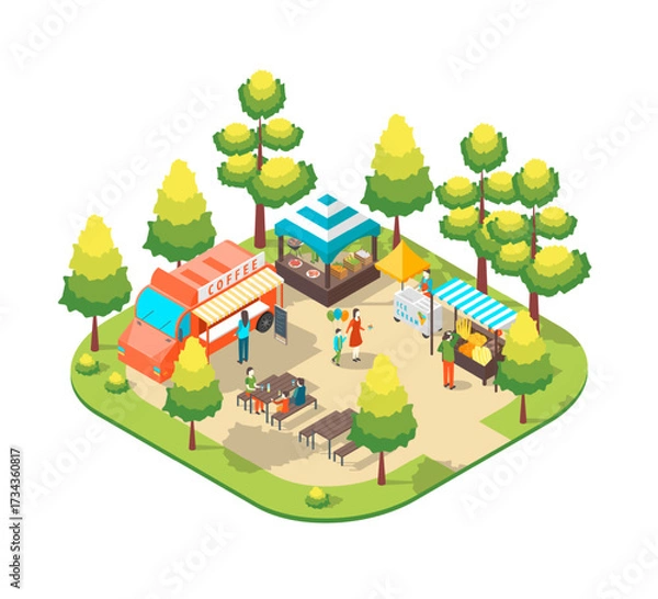 Fototapeta Cartoon Color Character People and Street Food Cart Park Summer Fest Concept 3d Isometric View. Vector illustration