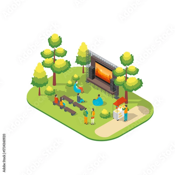 Fototapeta Cartoon Color Character People and Open Air Cinema Scene Park Summer Fest Concept 3d Isometric View. Vector illustration