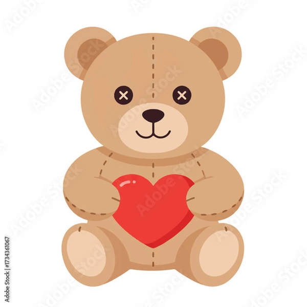 Fototapeta A charming flat 2D vector illustration features a cuddly brown teddy bear toy affectionately holding a bright red heart, presented on a clean white background.