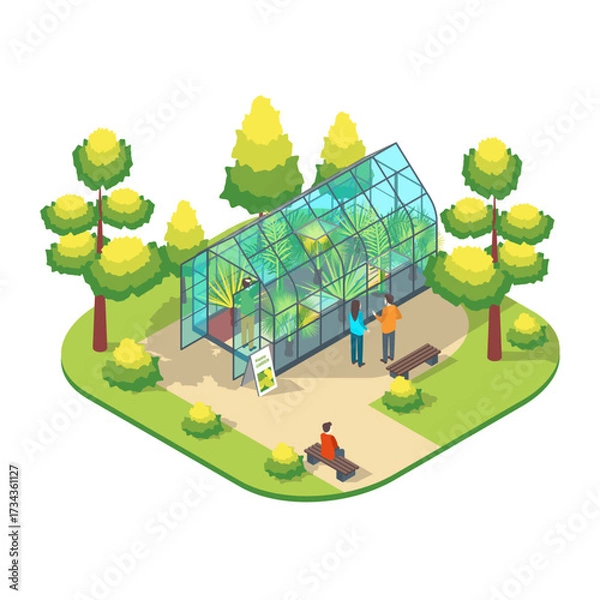 Fototapeta Cartoon Color Character People and Glass Greenhouse with Plants Scene Park Summer Fest Concept 3d Isometric View. Vector illustration