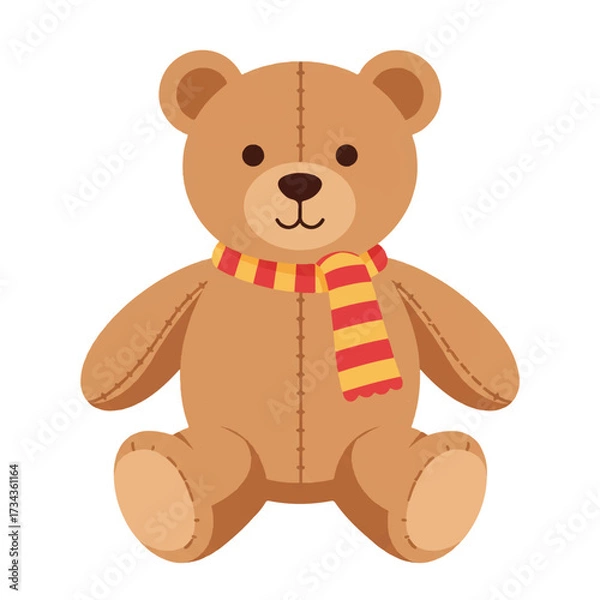 Fototapeta A charming and cute teddy bear toy, adorned with a cozy scarf, is presented as a vibrant 2D flat vector illustration against a pristine plain white background, radiating warmth and innocence.