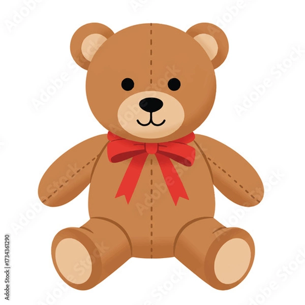 Fototapeta A charming teddy bear toy adorned with a decorative ribbon is presented as a clean flat 2D vector illustration, isolated against a pristine white background.