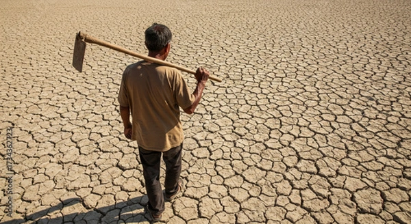 Obraz Dry, cracked ground, the silhouette of a man with a hoe.