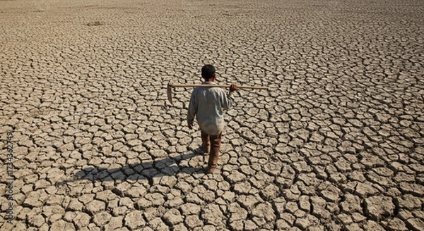 Obraz Dry, cracked ground, the silhouette of a man with a hoe.