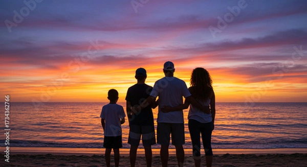 Obraz Silhouette of family standing on beach during sunset