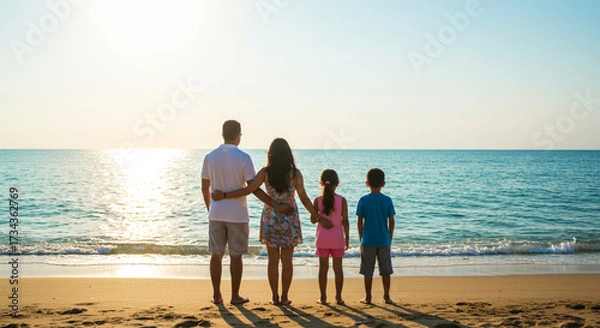 Obraz Back view of family standing looking at sea