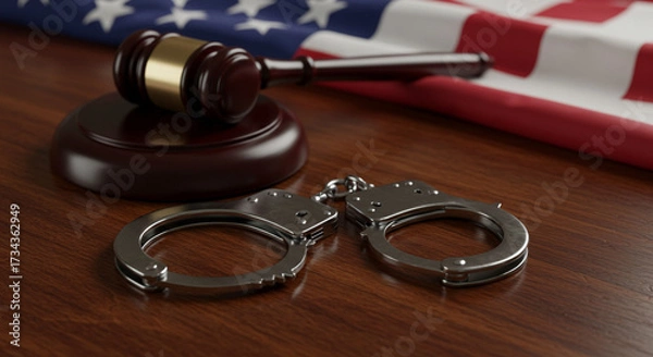 Obraz Gavel, handcuffs and US flag