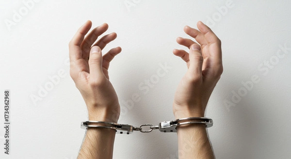 Obraz Handcuffed hands on a white background