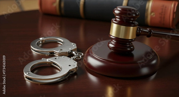 Obraz Hammer of justice with handcuffs