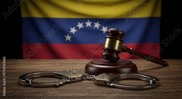 Obraz Hammer of justice with handcuffs and the Venezuelan flag