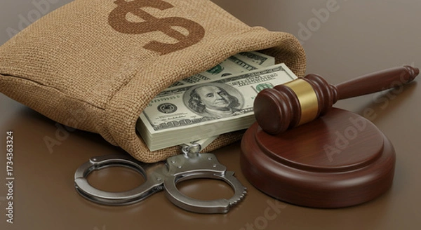 Obraz Bag with dollar bills, handcuffs and gavel of justice isolated on wooden table