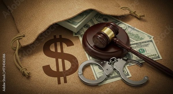 Obraz Bag with dollar bills, handcuffs and gavel of justice isolated on wooden table