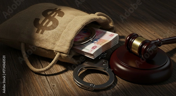 Obraz Bag with Chinese Yuan banknotes, handcuffs and gavel of justice isolated on wooden table