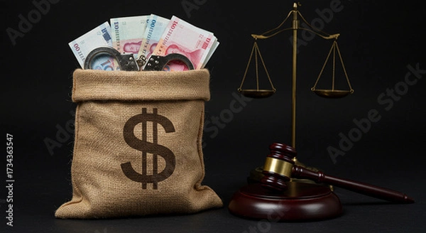 Obraz Bag with Chinese Yuan banknotes, handcuffs and gavel of justice isolated on wooden table