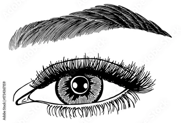 Fototapeta Illustration with woman's eye, eyelashes and eyebrow. Makeup Look. Tattoo design. Logo for brow bar or lash salon.
