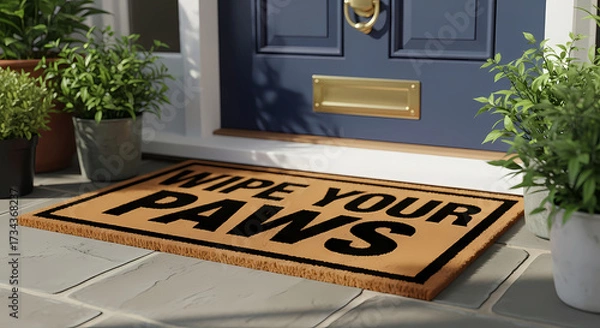 Fototapeta Charming doormat welcomes guests with a playful "Wipe Your Paws" message, adding a touch of personality to any home's entryway with pet-friendly flair