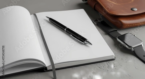 Fototapeta Inspiring workspace setup for focused productivity: Blank notebook, sleek pen, smartwatch, and stylish leather bag for modern professional lifestyle planning