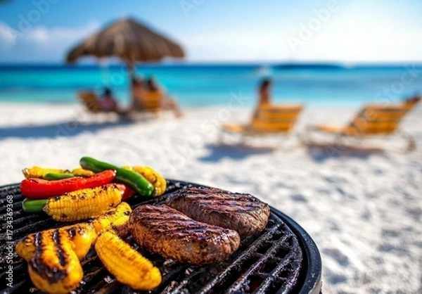 Fototapeta Perfecting the art of grilling steak and vegetables by the ocean.