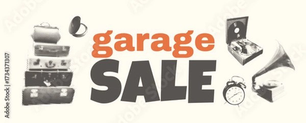 Fototapeta Vintage Garage Sale Vector Illustration with Halftone Effect Featuring Retro Objects