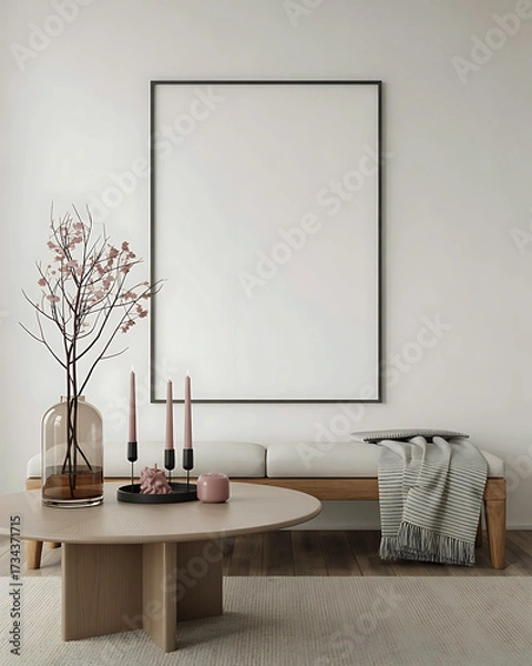 Fototapeta Modern Living Room Interior with Blank Frame Mockup Minimalist Design and Stylish Decor Objects for Home Template Presentation