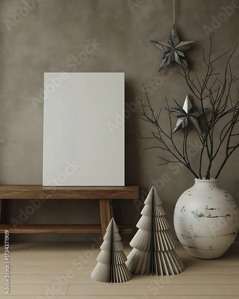 Fototapeta Minimalist Christmas Mockup with Paper Trees and Stars on Rustic Background Perfect for Holiday Promotions and Festive Design Projects Showcasing a Blank Canvas
