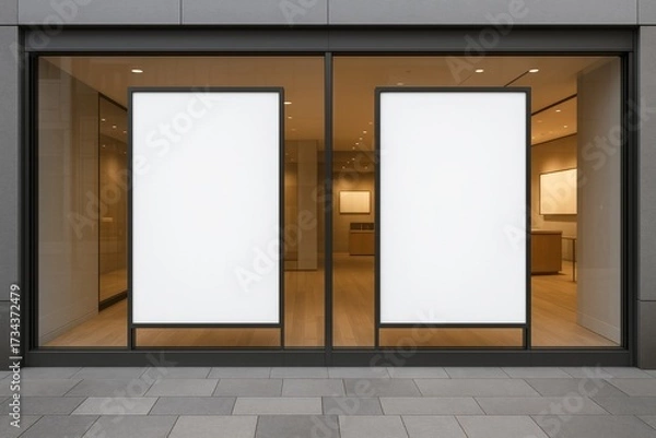 Fototapeta Blank storefront window mock up with two large white vertical posters in black frames on glass facade of modern retail store interior with wood floor. Ai generative