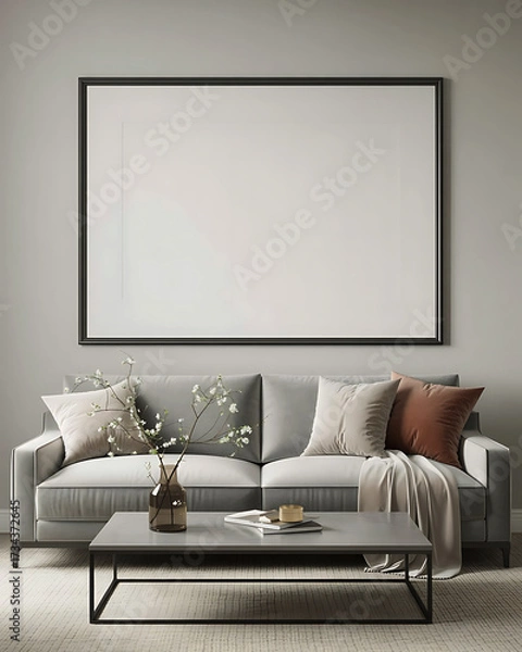 Fototapeta Elegant living room interior with a gray sofa cushions coffee table and a blank picture frame perfect for showcasing artwork or decorative design mockup presentations