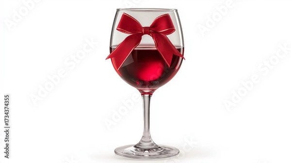 Fototapeta Gift of Wine: A crystal-clear wine glass, filled with rich, crimson liquid, is elegantly adorned with a vibrant red bow. A visual representation of luxury and gift.