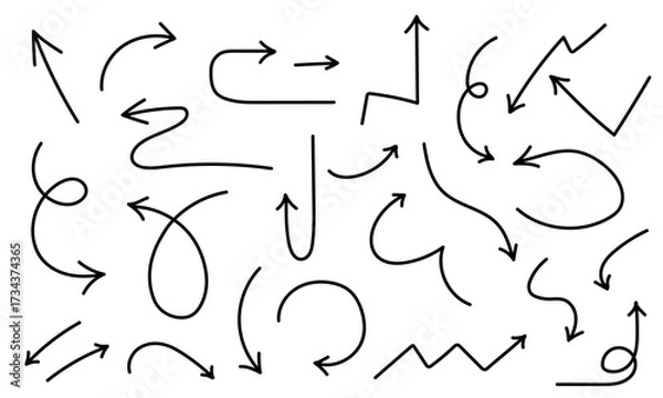 Fototapeta A set of hand-drawn vector arrows on a white background. Doodle-style symbols. Directional icons. Graphic symbols.Vector clipart.