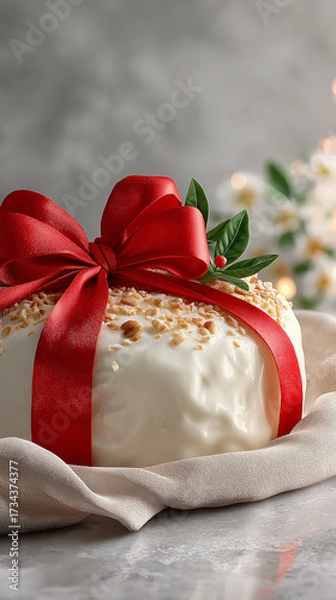 Fototapeta Gift-Wrapped Cake: A delectable cake, elegantly adorned with a vibrant red ribbon, resting on a soft fabric, evoking the anticipation of a delightful celebration or special treat.