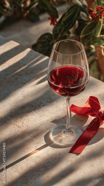 Fototapeta Elegance in a Glass: A crystal-clear glass of rich red wine sits gracefully outdoors, adorned with a delicate red ribbon, illuminated by the warm glow of sunlight.