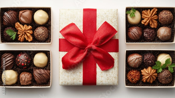 Fototapeta Artisan Chocolate Gift: Exquisite assortment of handcrafted chocolate truffles and a beautifully wrapped gift box with a vibrant red ribbon, celebrating a moment of indulgence and thoughtful gifting.