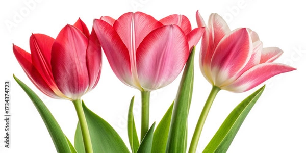Fototapeta Red and Pink Tulips with Green Leaves on Transparent Background
Close-Up of Vibrant Tulip Flowers Isolated on Dark Backdrop