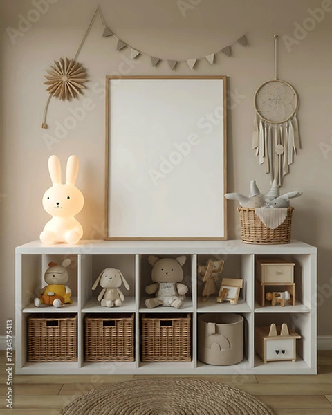 Fototapeta Cozy Nursery Decor with Blank Frame Perfect for Personalization Displaying a Range of Stuffed Animals and Decorative Items in Neutral Tones Creating a Warm and Inviting Atmosphere