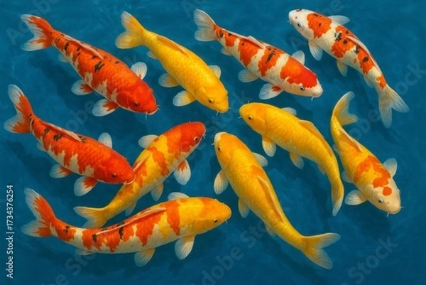 Fototapeta Top View of Koi Carps in Clear Water