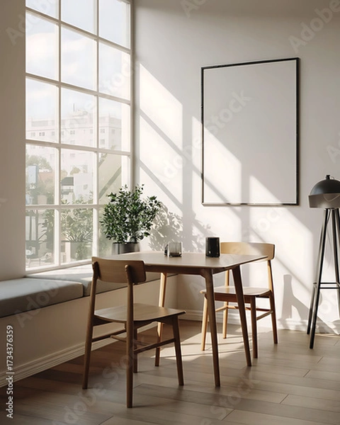 Fototapeta Bright and Airy Dining Room Interior with Natural Light and Modern Design Accents creating a Peaceful and Inviting Atmosphere for Home Decoration and Lifestyle Concepts