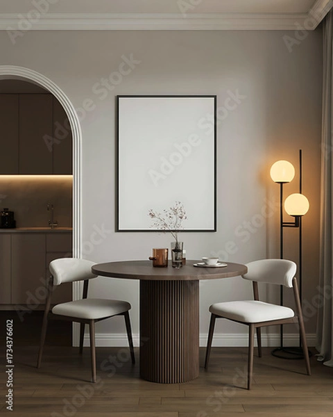 Fototapeta Minimalist Dining Room Decor with Modern Furniture and Soft Lighting Mockup for Art Display and Interior Design Inspiration