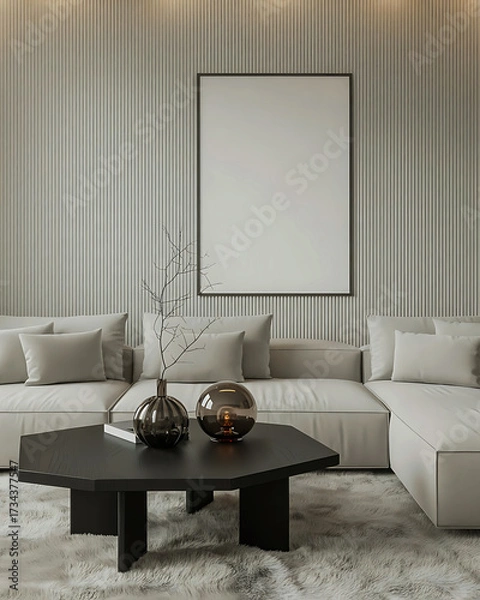 Fototapeta Modern Living Room Interior Design with Minimalist Decor and a Blank Frame for Art Display a contemporary interior featuring a plush white sofa a stylish coffee table and decorative vases