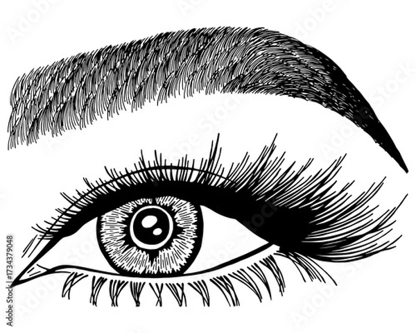 Fototapeta Illustration with woman's eye, eyelashes and eyebrow. Makeup Look. Tattoo design. Logo for brow bar or lash salon.