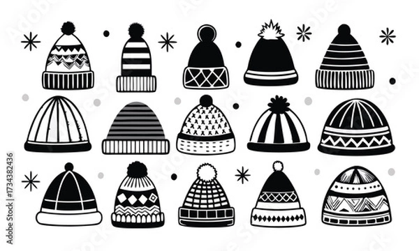 Fototapeta Many winter hats are scattered around the frame in a playful black and white pattern