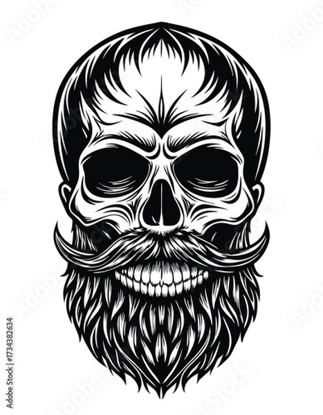 Fototapeta Monochromatic skull art shows intricate line work that forms a mustache and beard