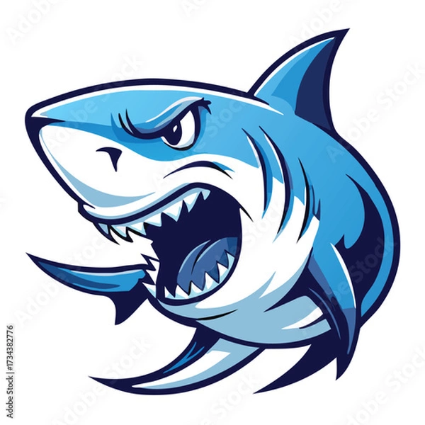 Fototapeta Menacing cartoon shark reveals sharp teeth while swimming angrily in shades of blue