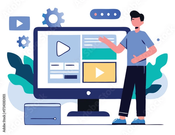Fototapeta Man illustrates media presentation, pointing toward the screen with play button icons and gears