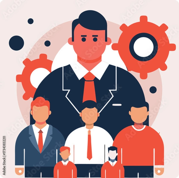 Fototapeta Manager oversees his diverse team with gears behind them in the office environment