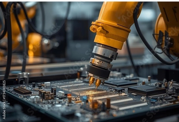 Fototapeta Advanced Robotic Arm Assembling Microchips for High-Tech Electronic Manufacturing