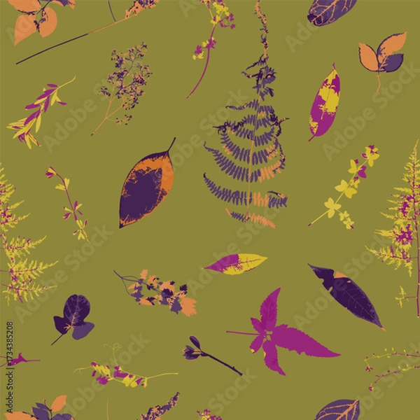 Fototapeta Seamless pattern with dry herbs and leaves on yellow background