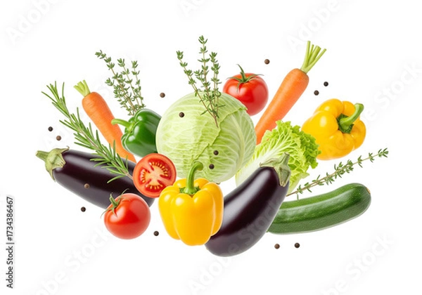 Fototapeta Levitating Fresh Colorful Vegetables and Herbs with Pepper Spice Isolated on White
