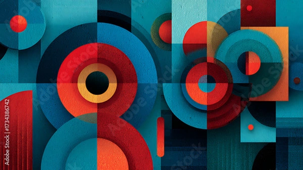Fototapeta abstract geometric visual blend blues, modern composition shapes creates dynamic experience reds minimal text complements design 46078864 1