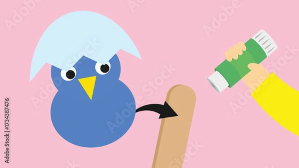 Obraz Cute bird and hand holding glue. Vector illustration.