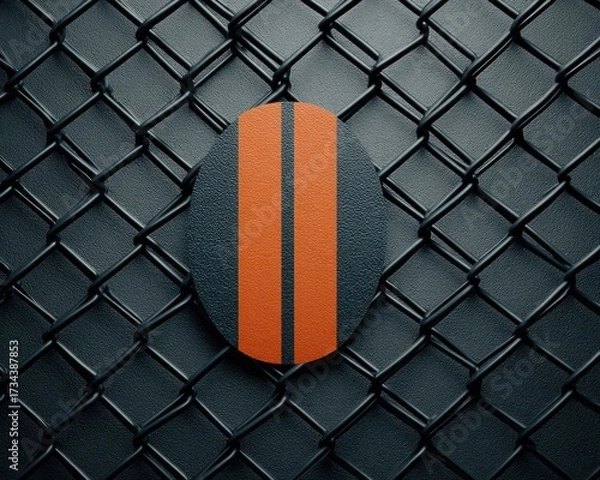 Fototapeta A circular object featuring two orange stripes rests against a black chain link fence in a modern design space